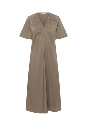 Vestito corto color kaki con maniche corte e scollo a V, caratterizzato da arricciature sul collo e una silhouette fluida a trapezio. Tessuto liscio e leggero.
