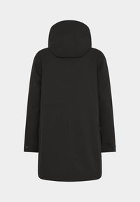 Svart vattentät jacka med huva, lång design, långa ärmar och sidofickor. Slät textur och minimalistiska sömdetaljer.