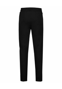 Zwarte sweatpants met een taps toelopend ontwerp, een elastische tailleband en een enkele achterzak, gemaakt van een gladde, rekbare stof.