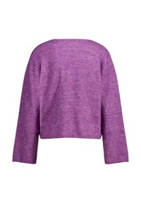 Suéter corto morado con mangas largas, textura suave y escote redondeado. Presenta un sutil patrón jaspeado, sin cierres o acentos visibles.