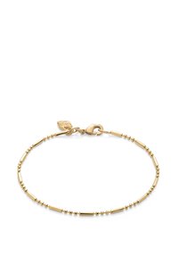 Pulsera de oro que presenta una mezcla de eslabones de cuentas redondeadas y alargadas, un cierre de langosta y una pequeña etiqueta para detalles. Acabado suave y brillante.