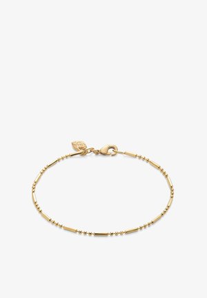 Pulsera de oro que presenta una mezcla de eslabones de cuentas redondeadas y alargadas, un cierre de langosta y una pequeña etiqueta para detalles. Acabado suave y brillante.