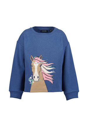 Niebieska bluza dziecięca z długim rękawem z ilustracją konia z płynącą różową, białą i zielonkawoniebieską grzywą oraz kwiatami w pysku.