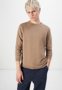 Brown knit sweater with a round neck, ribbed cuffs, and hem. Features a subtle logo on the chest. Worn with navy pants.