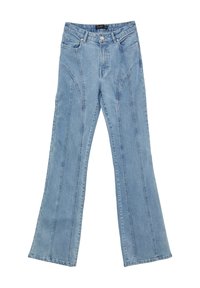 Jeans svasati in denim azzurro chiaro con vita alta, caratterizzati da un design a cinque tasche e cuciture evidenti lungo le gambe.