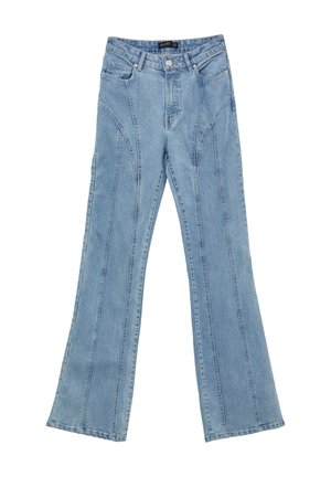 Helle blaue Jeans mit weitem Bein und hoher Taille, ausgestattet mit einem Fünf-Taschen-Design und auffälligen Stichen entlang der Beine.