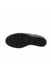 Suola di scarpa in gomma nera con un pattern di grip testurizzato e scanalature, caratterizzata da una forma arrotondata e logo del produttore in rilievo.