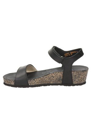 Sandale compensée noire avec semelle texturée liège, bride de cheville avec velcro et bout ouvert, taille EUR 37.