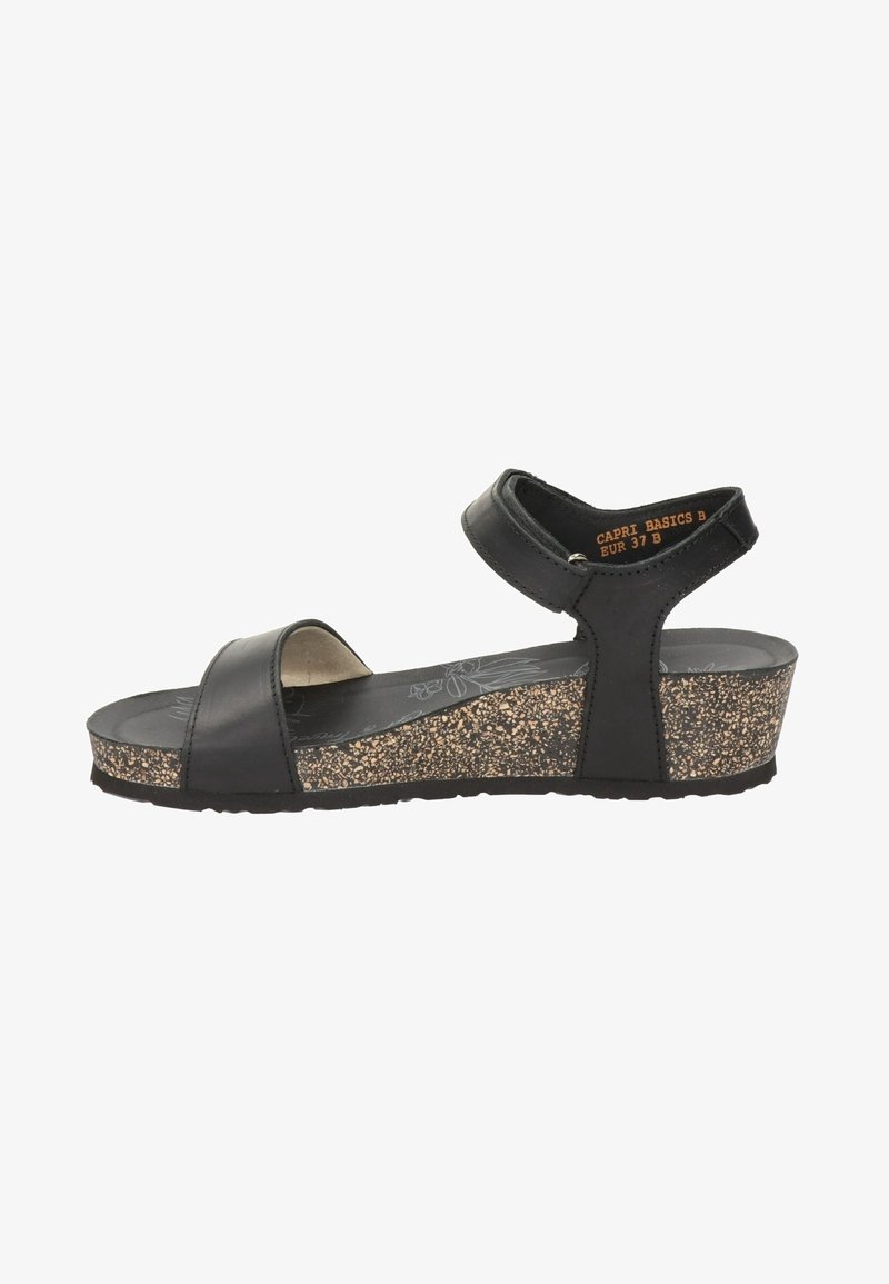 Sandale compensée noire avec semelle texturée liège, bride de cheville avec velcro et bout ouvert, taille EUR 37.