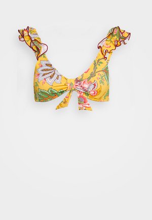 Top de bikini com estampa floral em amarelo, com alças franzidas e um nó ao centro. Apresenta padrões multicoloridos com detalhes em verde e rosa.