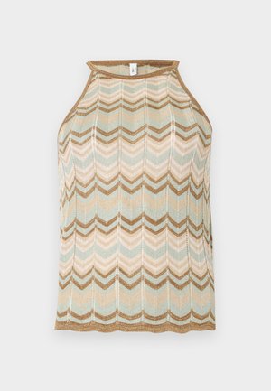 Ærmeløs strikket halterneck-top med chevronmønster i beige, brun, creme og lyseblå nuancer, med høj halsudskæring og bølget kant.