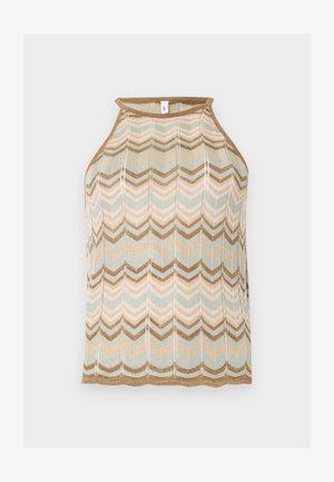 Ærmeløs strikket halterneck-top med chevronmønster i beige, brun, creme og lyseblå nuancer, med høj halsudskæring og bølget kant.