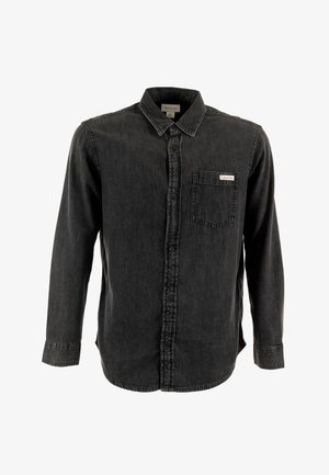Zwarte denim shirt met lange mouwen, een knoopsluiting aan de voorkant en een enkele borstzak met een logolabel. Klassiek kraagontwerp.