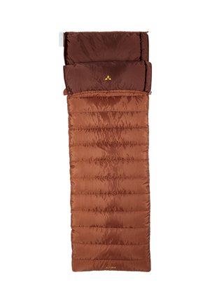 Sacco a pelo marrone con una trama trapuntata, materiale in nylon e una chiusura con cerniera nella parte superiore. Presenta un logo alla base ed è leggero.