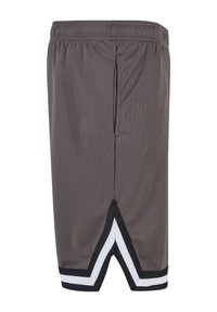 Grå atletiska shorts i lätt meshtyg. Har svarta och vita chevron-accenter vid fållen och sidofickorna. Elastisk midja.