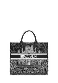 Borsa tote nera con dettagliati disegni bianchi di un edificio e decorazioni floreali. Testo "BRACCIALINI" in grassetto al centro.