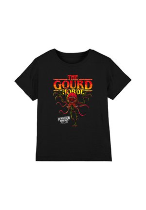 Black T-shirt with red and yellow text "The Gourd Horde" and graphic of a monster with tentacles and open mouth, referencing Stranger Things series.