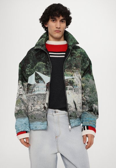 Fleece jacket with a nature landscape print, featuring a high collar, front zipper, and multi-colored ribbed cuffs; soft texture.