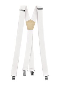 White elastic suspenders with textured straps, silver clips, and a hexagonal tan fabric connector in the center.
