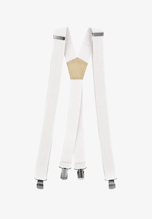 White elastic suspenders with textured straps, silver clips, and a hexagonal tan fabric connector in the center.