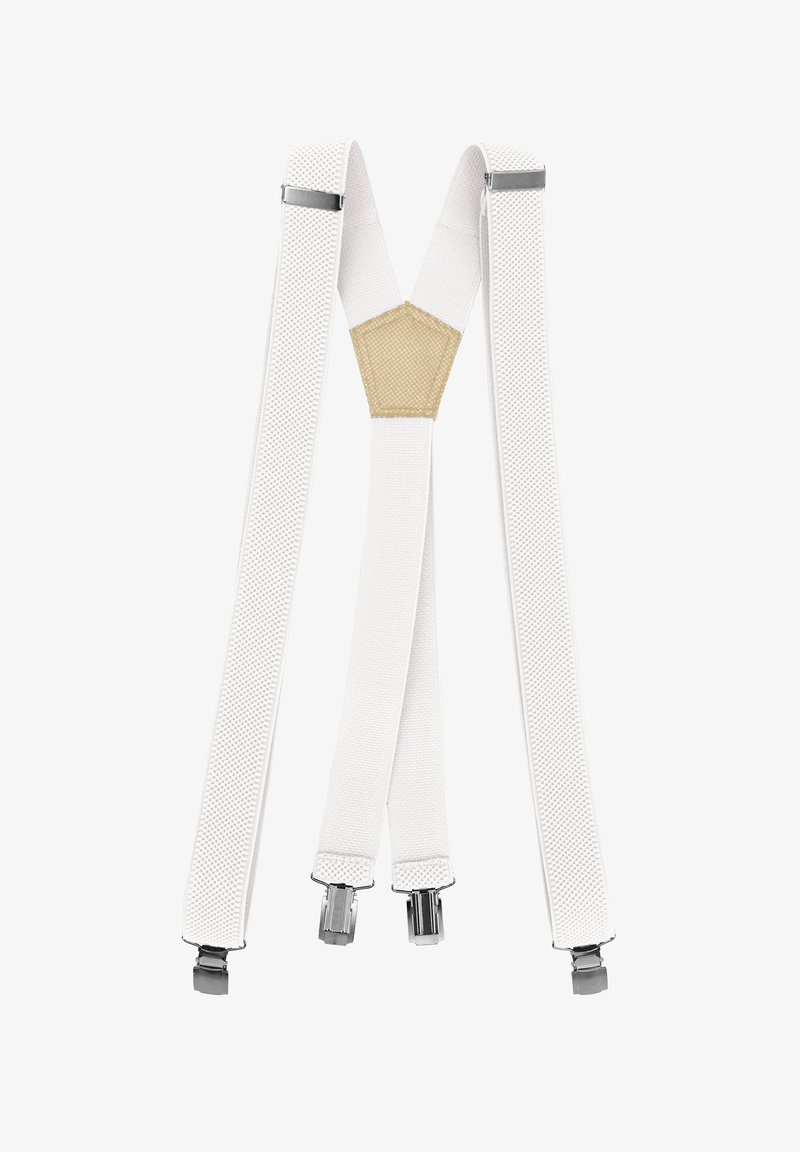 White elastic suspenders with textured straps, silver clips, and a hexagonal tan fabric connector in the center.