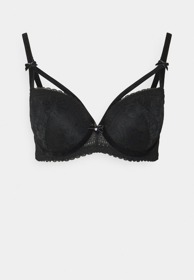 Sutiã preto em renda com aros, apresentando padrões florais, bordas serrilhadas e laços decorativos pretos nas alças ajustáveis.