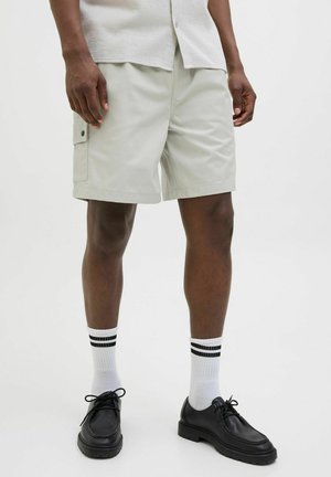 Shorts cargo gris clair avec poche latérale, en coton, à l'avant plat, longueur genou, associés à des chaussures noires et des chaussettes à rayures blanches.