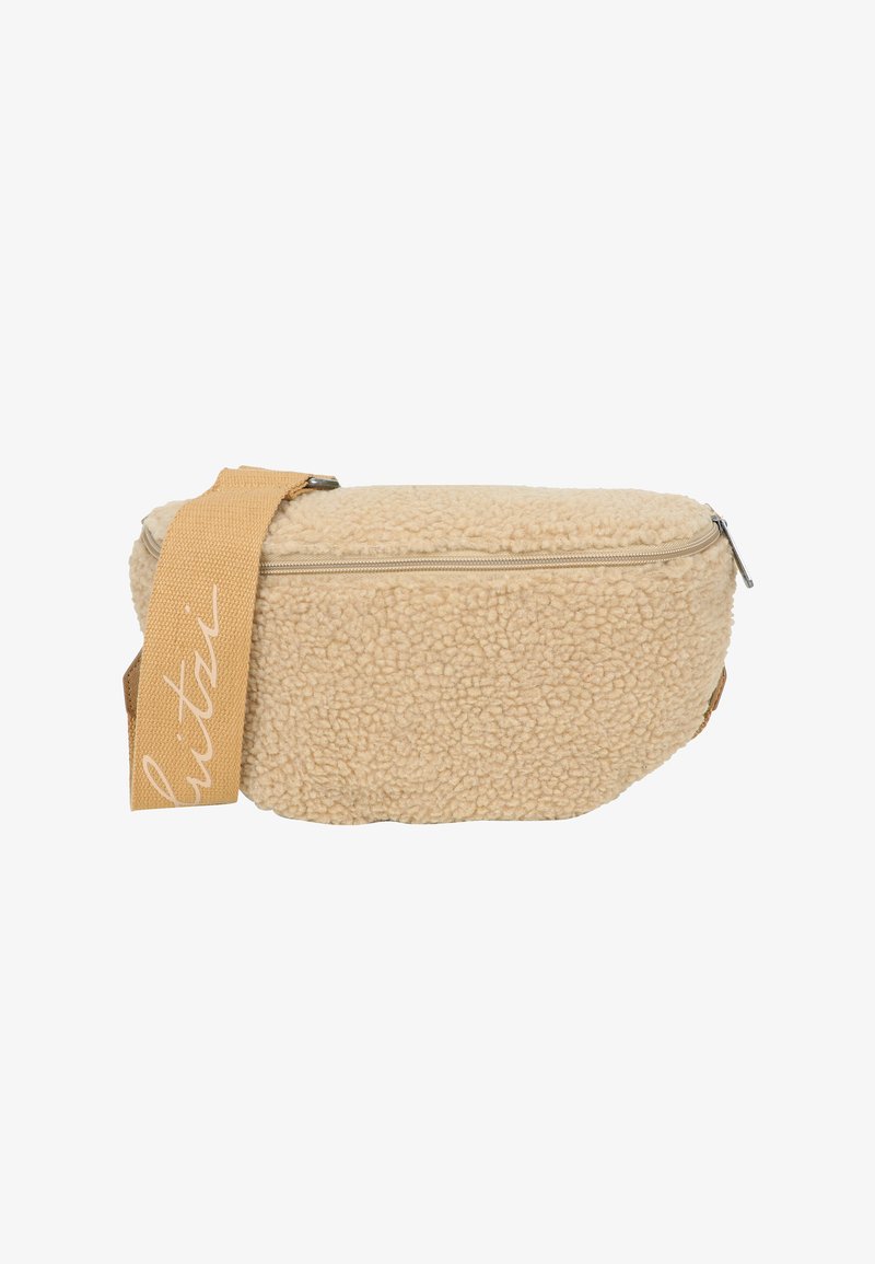 Beige faux fur crossbody bag with a zip closure and a tan fabric strap featuring white lettering. Rounded shape with soft texture.