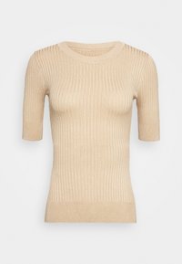 Beige ribbad stickad kortärmad topp med rund halsringning, som har en mjuk textur och en figurnära design som framhäver en slät silhuett.