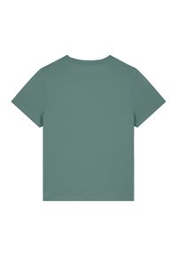 T-shirt à manches courtes de couleur vert terne, fabriqué en tissu doux, avec un encolure ronde simple et une coupe droite et décontractée.