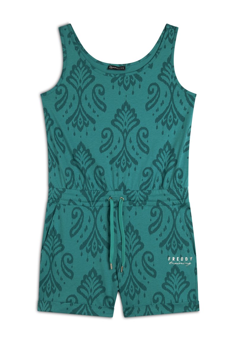 Jumpsuit senza maniche color teal con un motivo damascato, vita elasticizzata con cordoncino e due tasche laterali. Logo "FREDDY" stampato in oro.