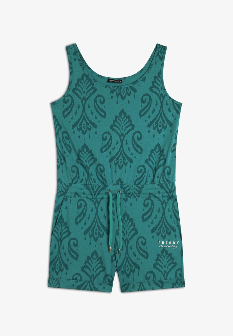 Jumpsuit senza maniche color teal con un motivo damascato, vita elasticizzata con cordoncino e due tasche laterali. Logo "FREDDY" stampato in oro.