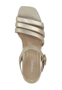 Gold metallic high-heeled sandal with three wide straps, square toe, and adjustable ankle buckle. Smooth finish and cushioned insole.