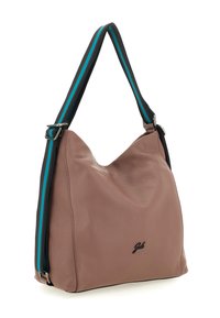 Borsa in pelle morbida color malva con forma hobo. Presenta una tracolla a strisce nere e turchese e un logo discreto sul davanti.