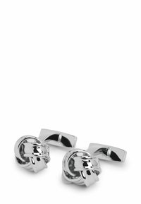 Gemelli da polso in metallo argentato con design a nodo, finitura liscia e lucida e retro rettangolare.