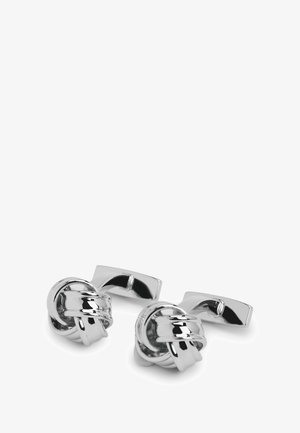 Silberne Manschettenknöpfe aus Metall mit einem Knotendesign, einer glatten, polierten Oberfläche und rechteckigen Rückseiten.