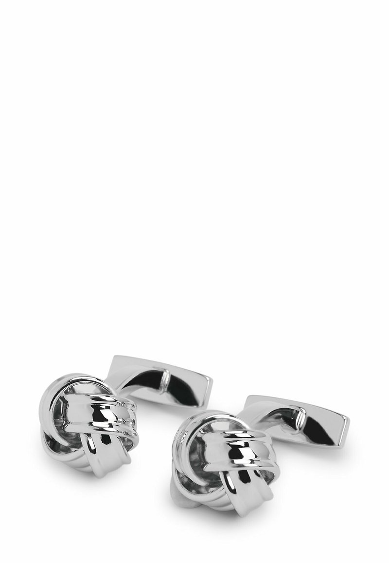 Gemelli da polso in metallo argentato con design a nodo, finitura liscia e lucida e retro rettangolare.