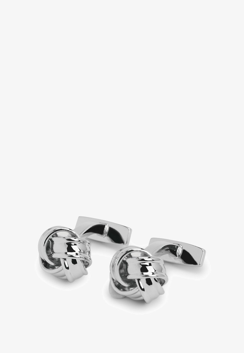 Gemelli da polso in metallo argentato con design a nodo, finitura liscia e lucida e retro rettangolare.