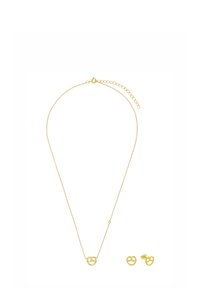 Collana dorata e orecchini abbinati; anelli della catena, pendente circolare con design astratto; finitura lucida, chiusura semplice e lunghezza regolabile.