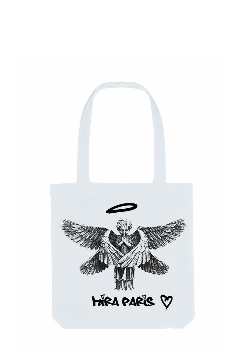 Borsa tote bianca in tela con un'illustrazione di un angelo in bianco e nero, completo di ali e aureola, e la scritta "MIRA PARIS" in fondo.