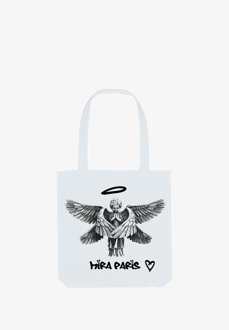 Sac en toile blanc avec une illustration en noir et blanc d'un ange avec des ailes, un halo et le texte "MIRA PARIS" en bas.