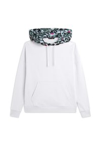 Felpa bianca con cappuccio multicolore, grande tasca frontale, polsini a costine e cordini per la regolazione.