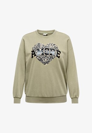 Green sweatshirt featuring a leopard print heart design with the text "AMORE" in bold black letters. Long sleeves and a crew neckline.