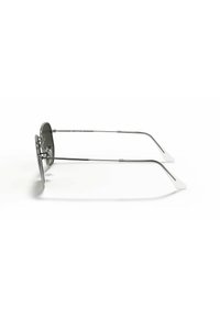 Occhiali da sole in metallo argentato con montatura rotonda, lenti scure e eleganti aste curve. Linee pulite e design minimalista.