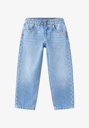 Svetlomodré rifľové nohavice s voľným strihom, s elastickým pásom, dvoma prednými vreckami a kontrastným prešitím.