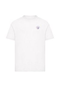 Camiseta de algodón blanca con cuello redondo y mangas cortas. Pequeño diseño gráfico púrpura en el área del pecho izquierdo.