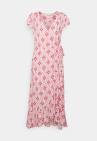 Rosa Wickelkleid mit Blumenmuster, kurzen Rüschenärmeln, V-Ausschnitt und seitlicher Schleife. Ausgestattet mit einem gemusterten Stoff und einem doppellagigen, gerüschten Saum.