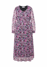Robe maxi florale en tissu noir transparent avec des fleurs roses, bleues et blanches. Manches longues, décolleté en V, taille élastique et ourlet fluide.