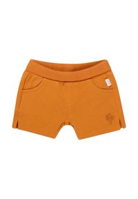 Oranje katoenen shorts met een elastische tailleband, voorzien van zijzakken en een cactusborduursel aan de voorkant.