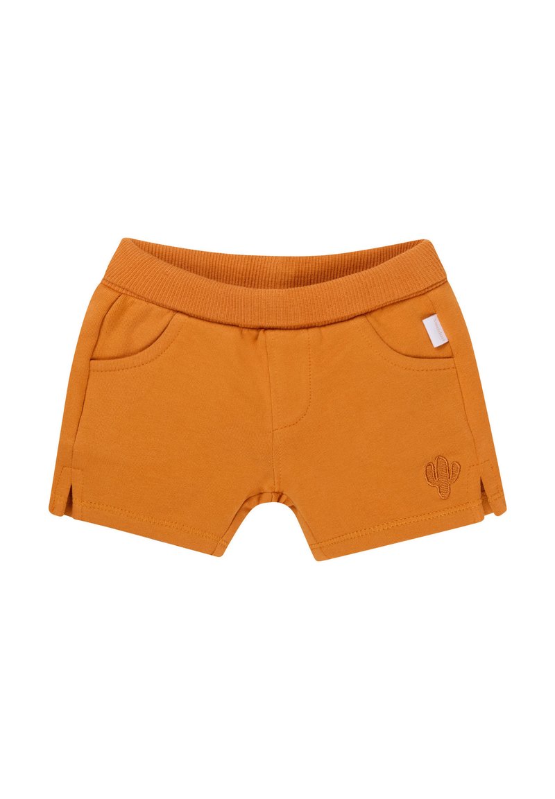Orange cotton shorts with an elastic waistband, featuring side pockets and a cactus embroidery detail on the front.